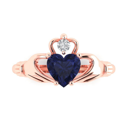 1.06 cttw Simulated Blue Sapphire Celtic Claddagh Engagement Ring - Solid Rose Gold (VVS1, Heart Cut,6.5mm)