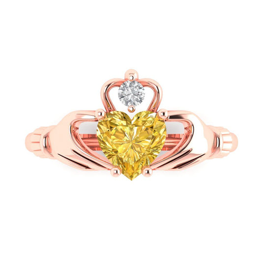 1.06 cttw Zirconia Simulated Yellow Diamond Celtic Claddagh Engagement Ring - Solid Rose Gold (VVS1, Heart Cut,6.5mm)