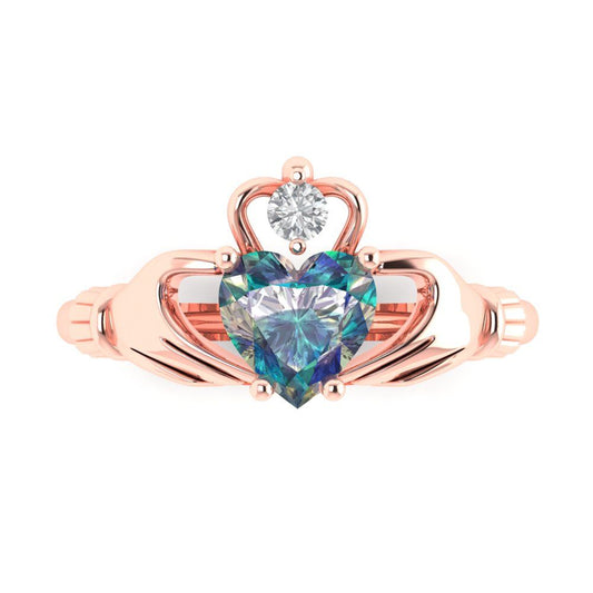 1.06 cttw Blue Moissanite Celtic Claddagh Engagement Ring - Solid Rose Gold (VVS1, Heart Cut,6.5mm)
