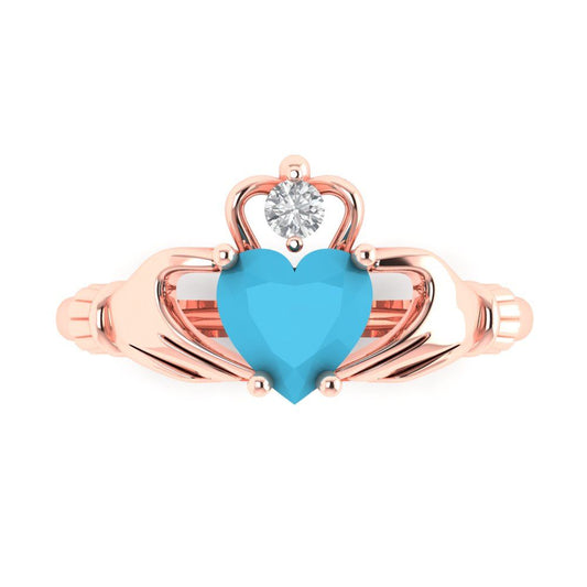 1.06 cttw Simulated Turquoise Celtic Claddagh Engagement Ring - Solid Rose Gold (VVS1, Heart Cut,6.5mm)