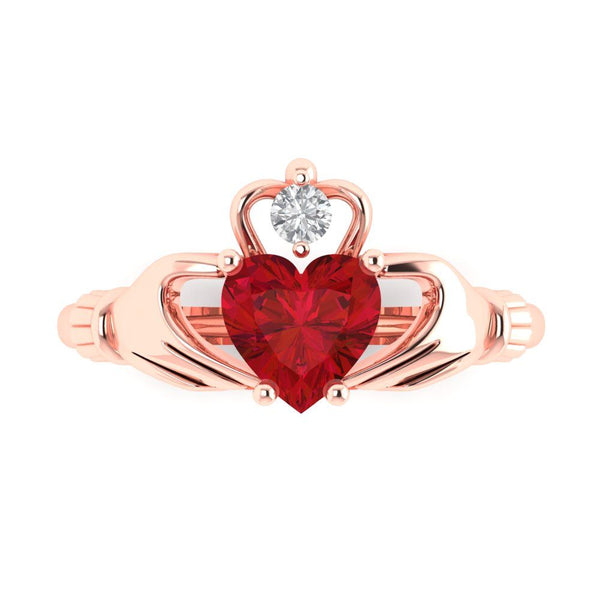 1.06 ct Brilliant Heart Cut Simulated Pink Tourmaline Stone Rose Gold Solitaire Claddagh Ring
