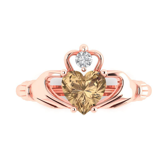 1.06 cttw Zirconia Simulated Champagne Diamond Celtic Claddagh Engagement Ring - Solid Rose Gold (VVS1, Heart Cut,6.5mm)