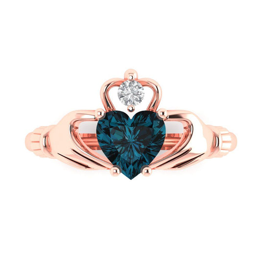 1.06 cttw Natural London Blue Topaz Celtic Claddagh Engagement Ring - Solid Rose Gold (VVS1, Heart Cut,6.5mm)