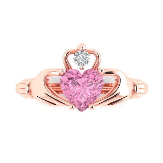 1.06 cttw Zirconia Simulated Pink Diamond Celtic Claddagh Engagement Ring - Solid Rose Gold (VVS1, Heart Cut,6.5mm)