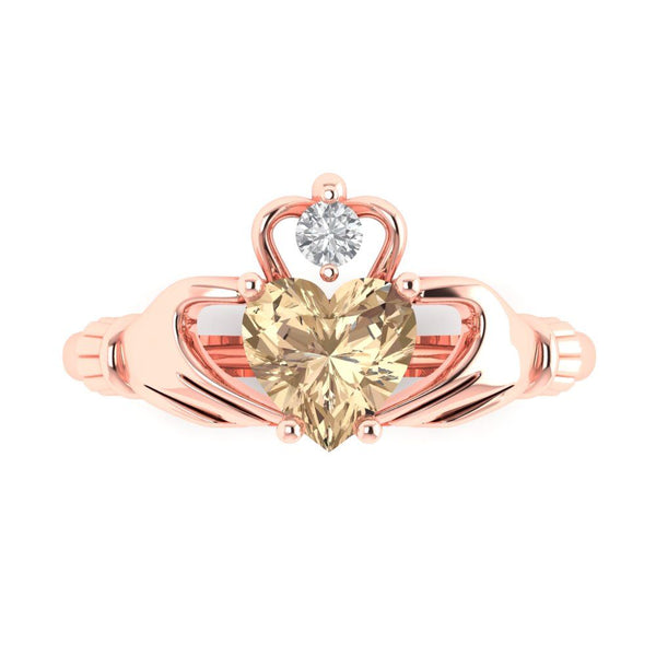 1.06 ct Brilliant Heart Cut Yellow Moissanite Stone Rose Gold Solitaire Claddagh Ring
