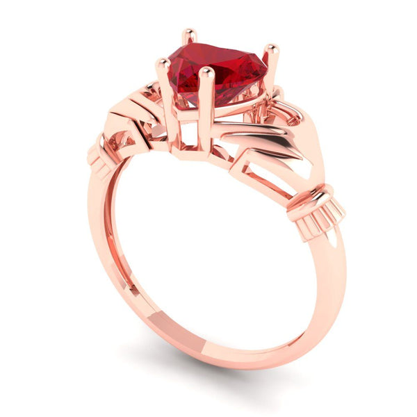 1.06 ct Brilliant Heart Cut Simulated Pink Tourmaline Stone Rose Gold Solitaire Claddagh Ring