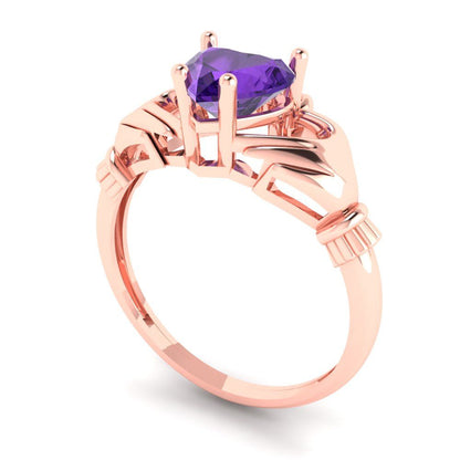 1.06 cttw Natural Amethyst Celtic Claddagh Engagement Ring - Solid Gold (Heart Cut,6.5mm)