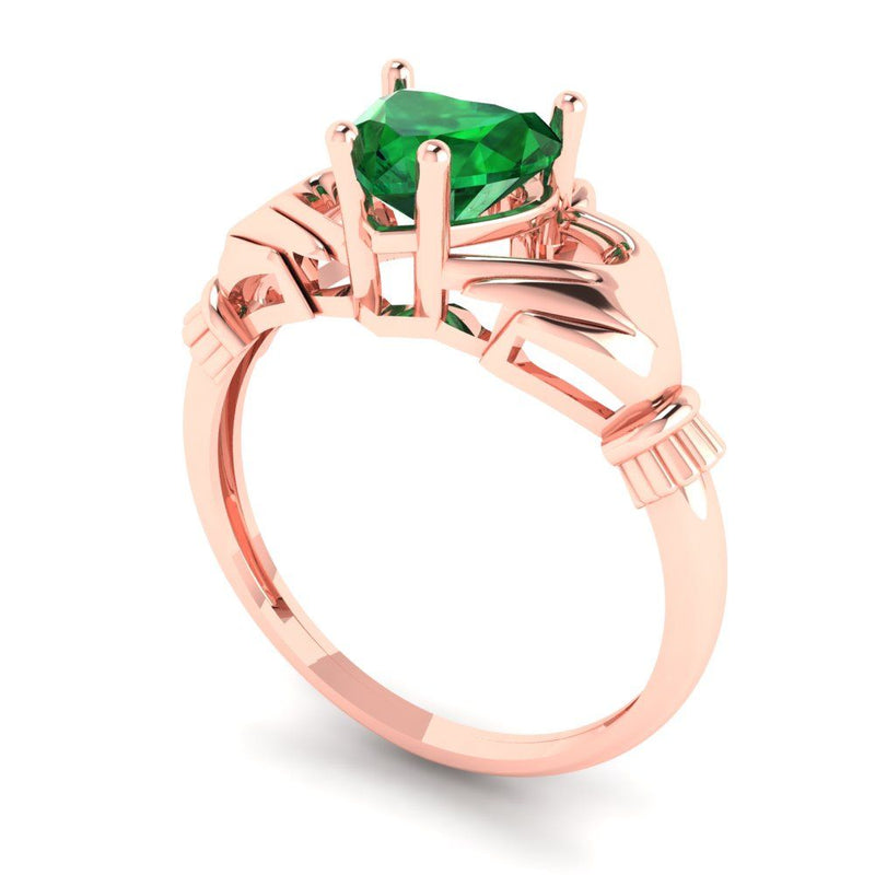 1.06 ct Brilliant Heart Cut Simulated Emerald Stone Rose Gold Solitaire Claddagh Ring