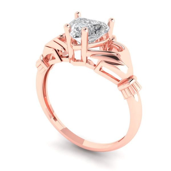 1.06 ct Brilliant Heart Cut Genuine Cultured Diamond Stone Clarity VS1-2 Color I-J Rose Gold Solitaire Claddagh Ring