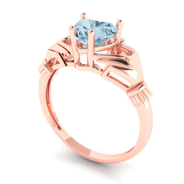 1.06 ct Brilliant Heart Cut Natural Aquamarine Stone Rose Gold Solitaire Claddagh Ring