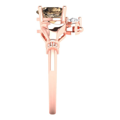 1.06 cttw Zirconia Simulated Champagne Diamond Celtic Claddagh Engagement Ring - Solid Gold (VVS1, Heart Cut,6.5mm)