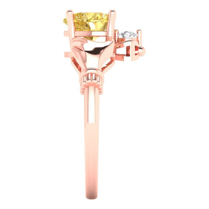 1.06 cttw Zirconia Simulated Yellow Diamond Celtic Claddagh Engagement Ring - Solid Gold (VVS1, Heart Cut,6.5mm)