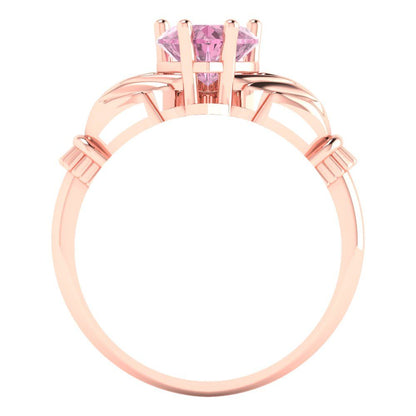 1.06 cttw Zirconia Simulated Pink Diamond Celtic Claddagh Engagement Ring - Solid Gold (VVS1, Heart Cut,6.5mm)
