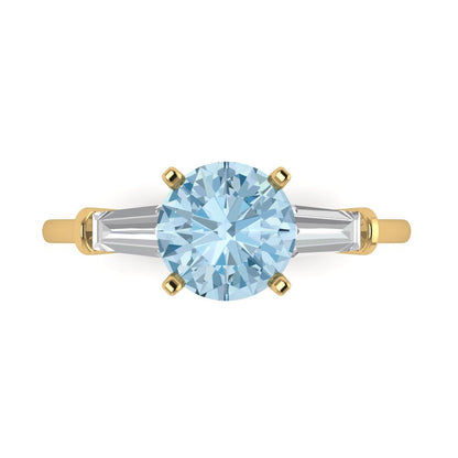 2 cttw Natural Aquamarine Three-Stone Engagement Ring - Solid Yellow Gold (VVS1, Round Cut,7.5mm)