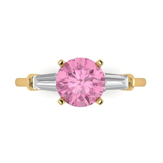 2 cttw Zirconia Simulated Pink Diamond Three-Stone Engagement Ring - Solid Yellow Gold (VVS1, Round Cut,7.5mm)