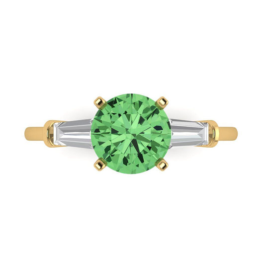 2 cttw Zirconia Simulated Green Diamond Three-Stone Engagement Ring - Solid Yellow Gold (VVS1, Round Cut,7.5mm)