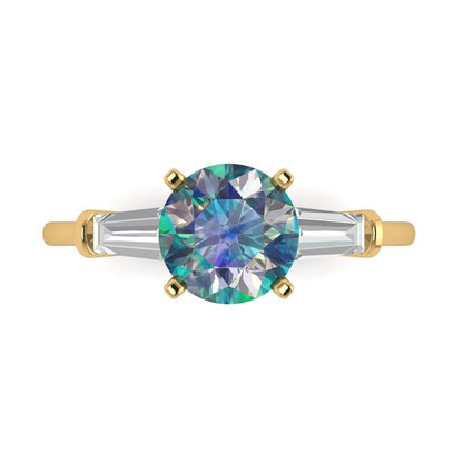 2 cttw Blue Moissanite Three-Stone Engagement Ring - Solid Gold (Round Cut,7.5mm)