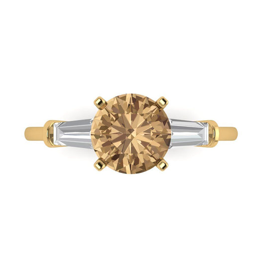 2 cttw Zirconia Simulated Champagne Diamond Three-Stone Engagement Ring - Solid Yellow Gold (VVS1, Round Cut,7.5mm)