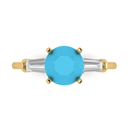 2 cttw Simulated Turquoise Three-Stone Engagement Ring - Solid Yellow Gold (VVS1, Round Cut,7.5mm)