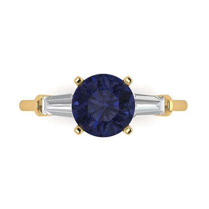 2 cttw Simulated Blue Sapphire Three-Stone Engagement Ring - Solid Gold (Round Cut,7.5mm)