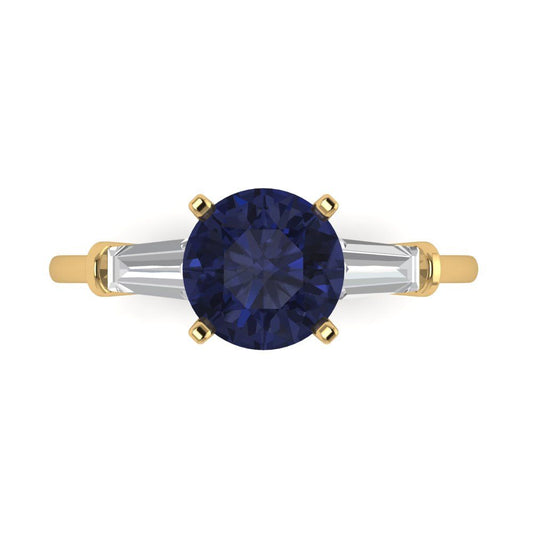 2 cttw Simulated Blue Sapphire Three-Stone Engagement Ring - Solid Yellow Gold (VVS1, Round Cut,7.5mm)
