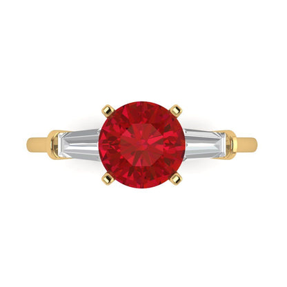 2 cttw Simulated Ruby Three-Stone Engagement Ring - Solid Yellow Gold (VVS1, Round Cut,7.5mm)
