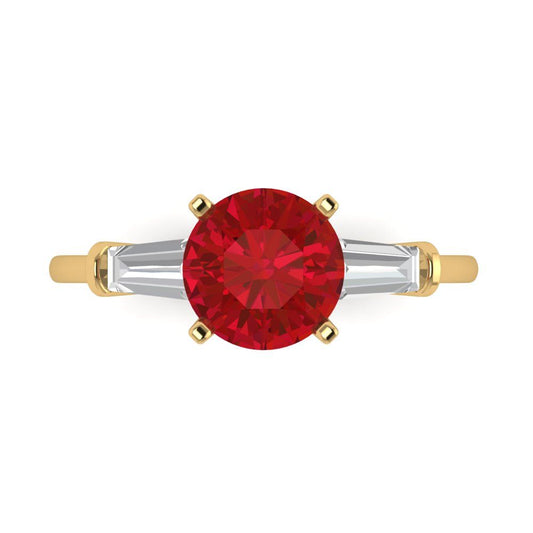 2 cttw Simulated Ruby Three-Stone Engagement Ring - Solid Yellow Gold (VVS1, Round Cut,7.5mm)