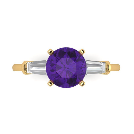 2 cttw Natural Amethyst Three-Stone Engagement Ring - Solid Yellow Gold (VVS1, Round Cut,7.5mm)
