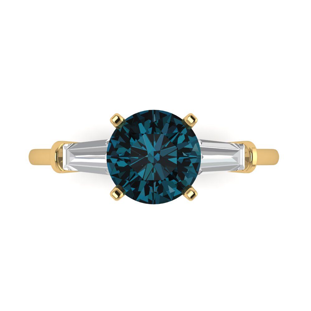 2 cttw Natural London Blue Topaz Three-Stone Engagement Ring - Solid Yellow Gold (VVS1, Round Cut,7.5mm)