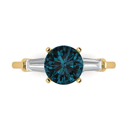 2 cttw Natural London Blue Topaz Three-Stone Engagement Ring - Solid Yellow Gold (VVS1, Round Cut,7.5mm)