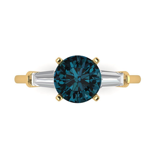 2 cttw Natural London Blue Topaz Three-Stone Engagement Ring - Solid Yellow Gold (VVS1, Round Cut,7.5mm)