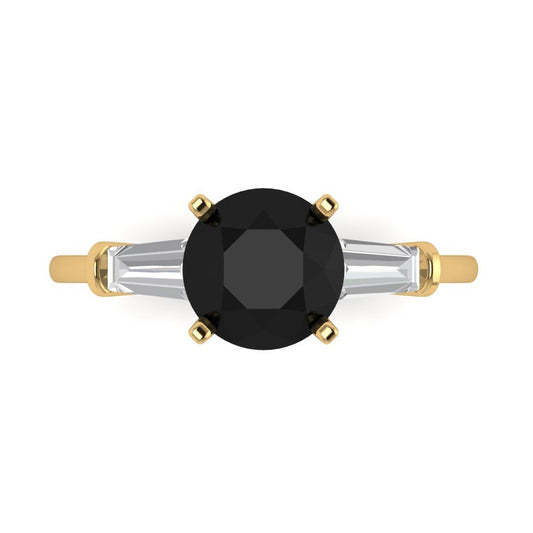 2 cttw Natural Onyx Three-Stone Engagement Ring - Solid Yellow Gold (VVS1, Round Cut,7.5mm)