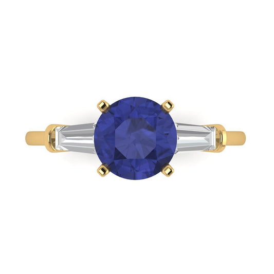 2 cttw Simulated Tanzanite Three-Stone Engagement Ring - Solid Yellow Gold (VVS1, Round Cut,7.5mm)