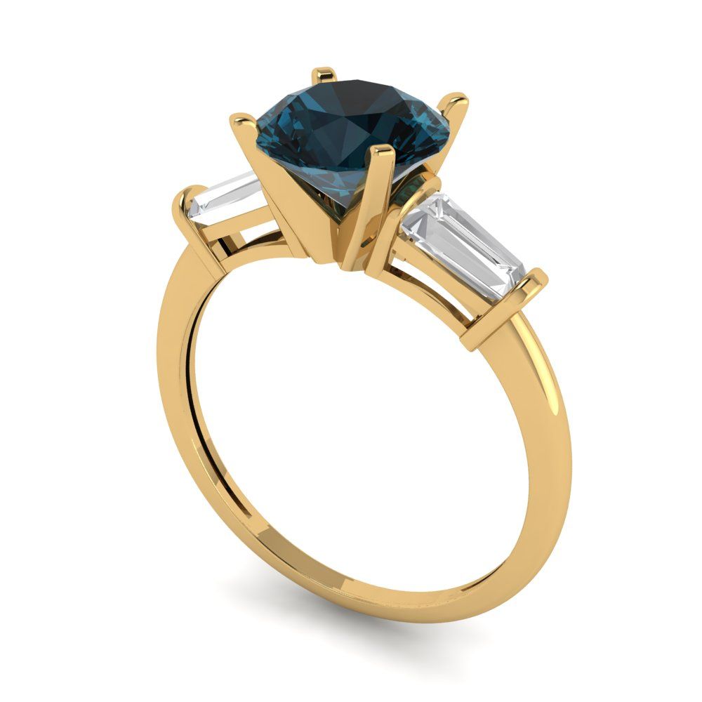 2 cttw Natural London Blue Topaz Three-Stone Engagement Ring - Solid Yellow Gold (VVS1, Round Cut,7.5mm)