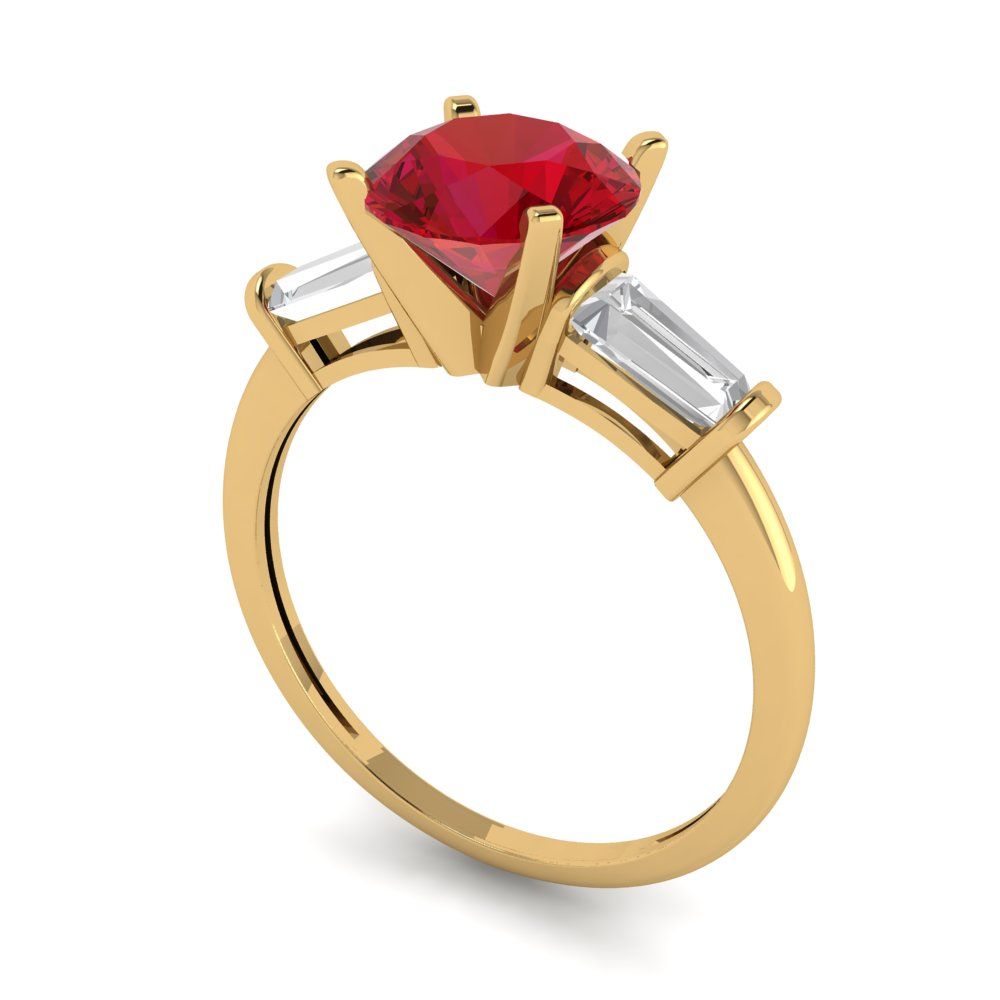 2 cttw Simulated Ruby Three-Stone Engagement Ring - Solid Yellow Gold (VVS1, Round Cut,7.5mm)