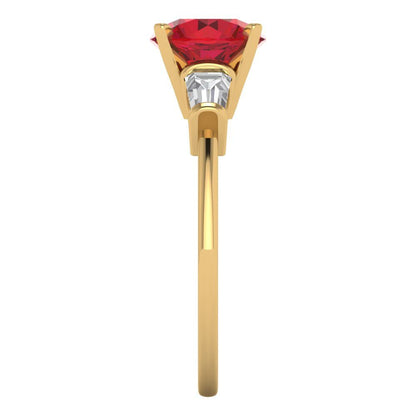 2 cttw Simulated Ruby Three-Stone Engagement Ring - Solid Yellow Gold (VVS1, Round Cut,7.5mm)
