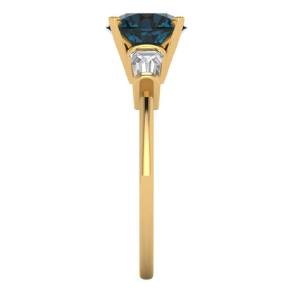 2 cttw Natural London Blue Topaz Three-Stone Engagement Ring - Solid Yellow Gold (VVS1, Round Cut,7.5mm)
