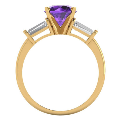 2 cttw Natural Amethyst Three-Stone Engagement Ring - Solid Gold (Round Cut,7.5mm)