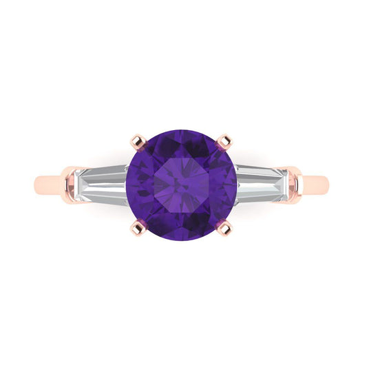 2 cttw Natural Amethyst Three-Stone Engagement Ring - Solid Rose Gold (VVS1, Round Cut,7.5mm)