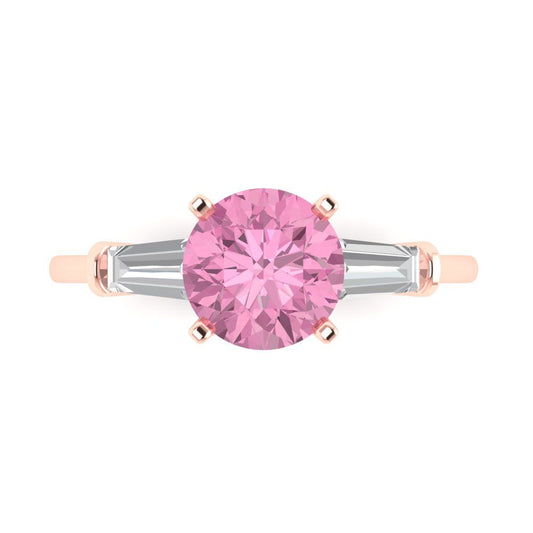 2 cttw Zirconia Simulated Pink Diamond Three-Stone Engagement Ring - Solid Rose Gold (VVS1, Round Cut,7.5mm)
