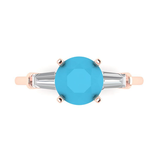 2 cttw Simulated Turquoise Three-Stone Engagement Ring - Solid Rose Gold (VVS1, Round Cut,7.5mm)