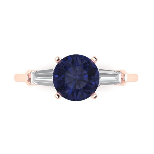 2 cttw Simulated Blue Sapphire Three-Stone Engagement Ring - Solid Rose Gold (VVS1, Round Cut,7.5mm)