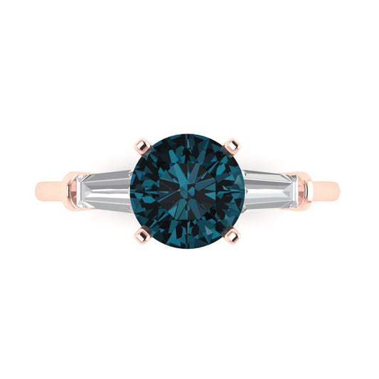 2 cttw Natural London Blue Topaz Three-Stone Engagement Ring - Solid Rose Gold (VVS1, Round Cut,7.5mm)