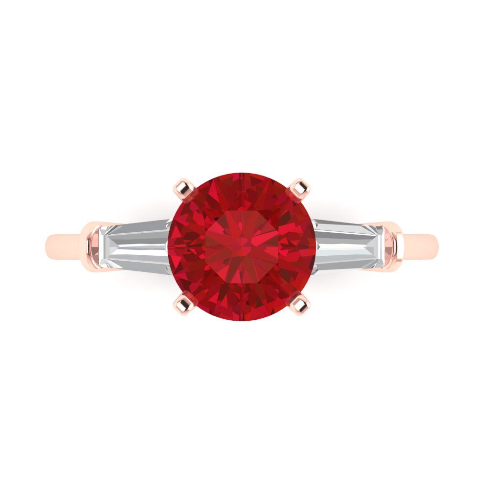 2 cttw Simulated Ruby Three-Stone Engagement Ring - Solid Rose Gold (VVS1, Round Cut,7.5mm)