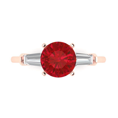 2 cttw Simulated Ruby Three-Stone Engagement Ring - Solid Rose Gold (VVS1, Round Cut,7.5mm)