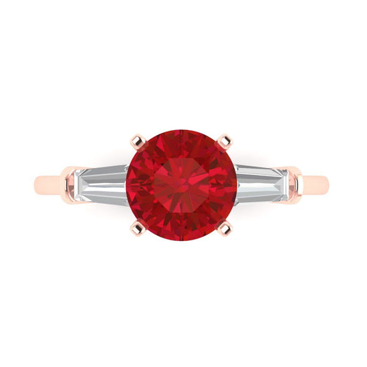 2 cttw Simulated Ruby Three-Stone Engagement Ring - Solid Rose Gold (VVS1, Round Cut,7.5mm)