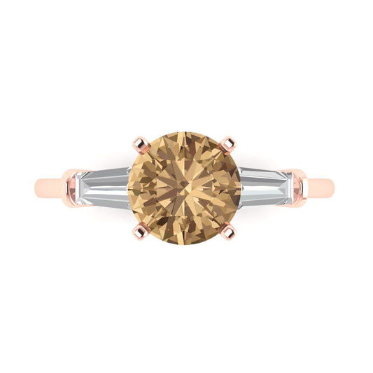 2 cttw Zirconia Simulated Champagne Diamond Three-Stone Engagement Ring - Solid Rose Gold (VVS1, Round Cut,7.5mm)