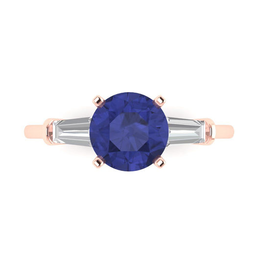 2 cttw Simulated Tanzanite Three-Stone Engagement Ring - Solid Rose Gold (VVS1, Round Cut,7.5mm)