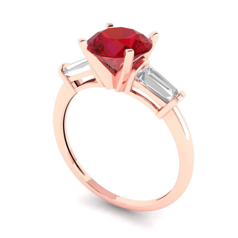 2 cttw Simulated Ruby Three-Stone Engagement Ring - Solid Rose Gold (VVS1, Round Cut,7.5mm)