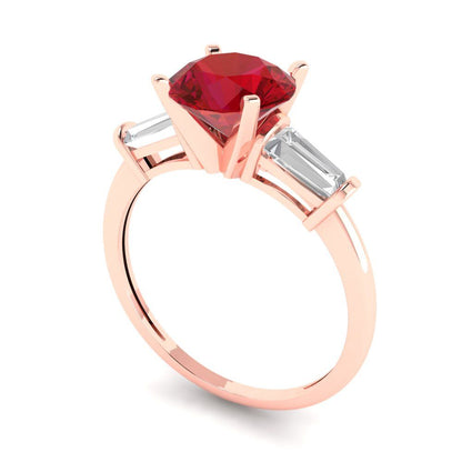 2 cttw Simulated Ruby Three-Stone Engagement Ring - Solid Rose Gold (VVS1, Round Cut,7.5mm)